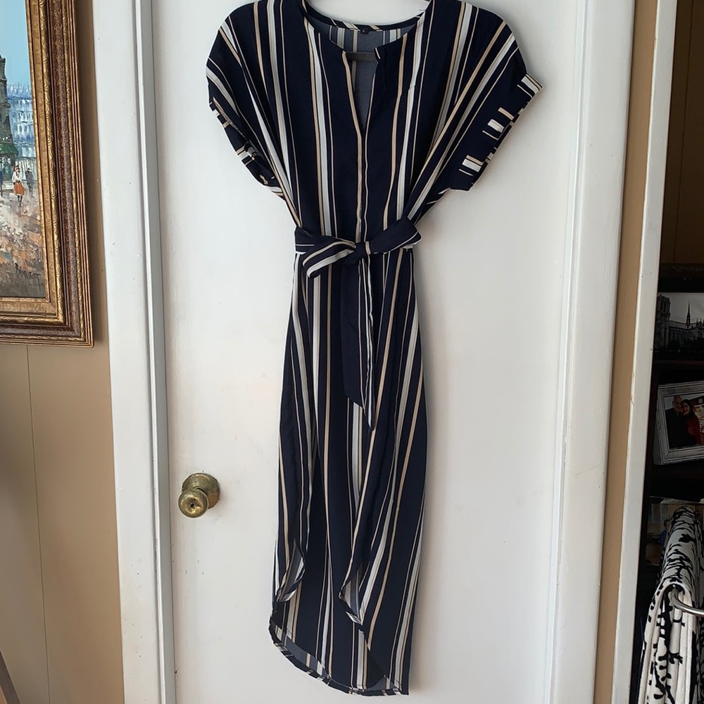 Navy Striped MIDI Dress with detachable belt